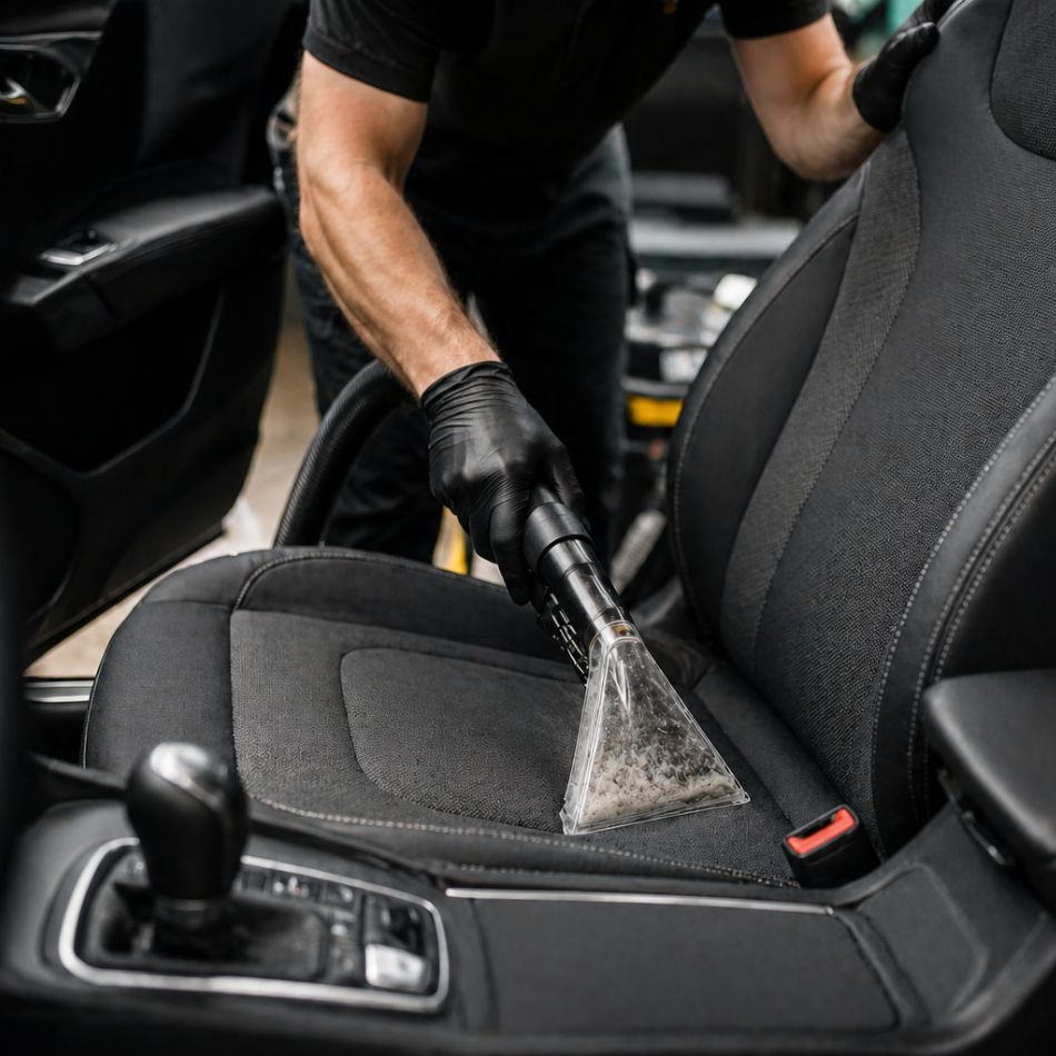 Professional car seat cleaning in Sydney using steam extraction to remove stains, dirt, and bacteria from fabric car seats