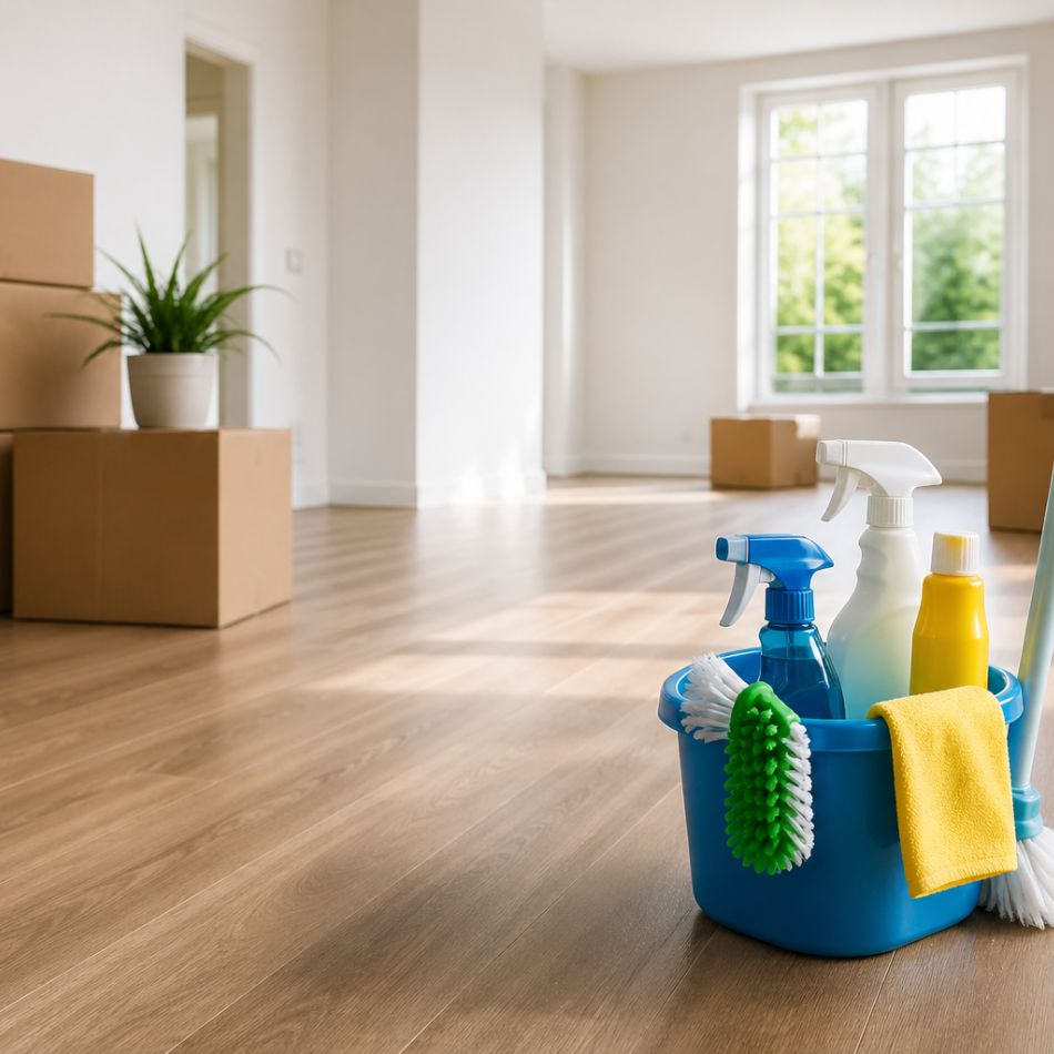 End of lease cleaning setup in an empty home with cleaning supplies and moving boxes in Sydney