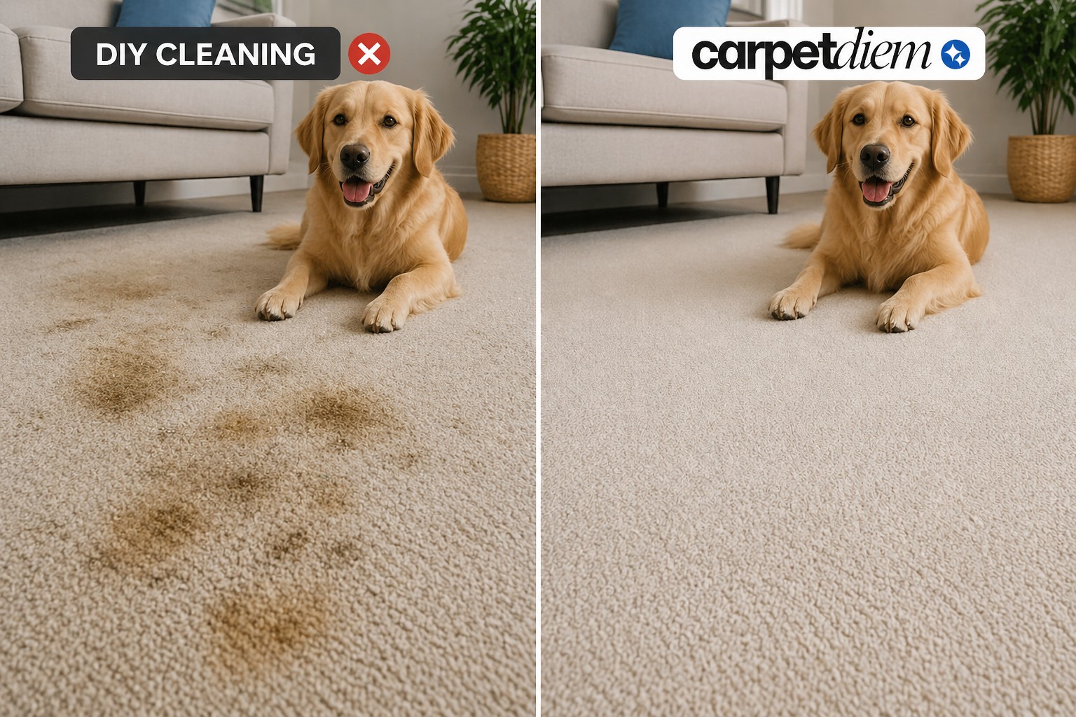 Before and after pet stain and odor removal in Sydney showing dirty carpet from DIY cleaning and professionally cleaned carpet with a dog