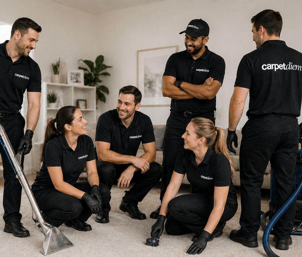 Professional cleaning team working together to deliver high-quality cleaning services in a residential space