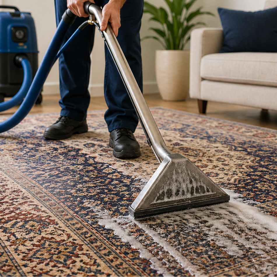 Professional technician performing steam rug cleaning in a modern living room using advanced cleaning equipment