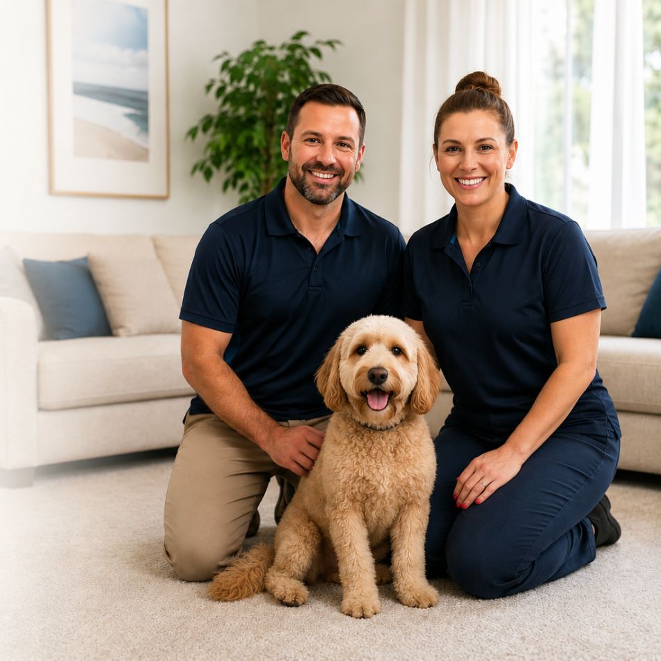 Friendly carpet cleaning professionals with a clean home environment representing reliable local service